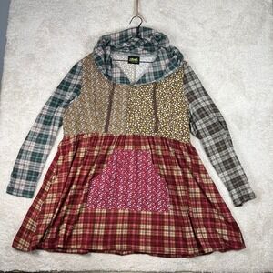 Tunnel Vision Patchwork Babydoll Hoodie Floral Plaid Mixed Print Boho Brown OS